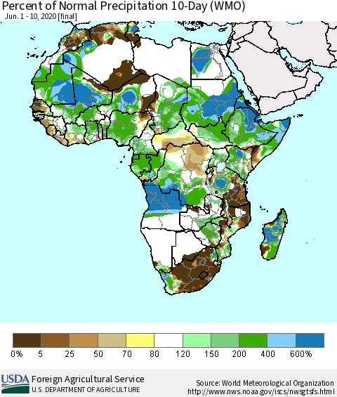 Africa Percent of Normal Precipitation 10-Day (WMO) Thematic Map For 6/1/2020 - 6/10/2020