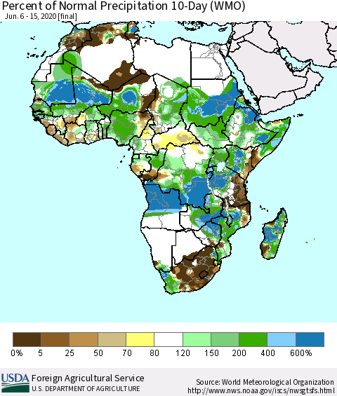 Africa Percent of Normal Precipitation 10-Day (WMO) Thematic Map For 6/6/2020 - 6/15/2020