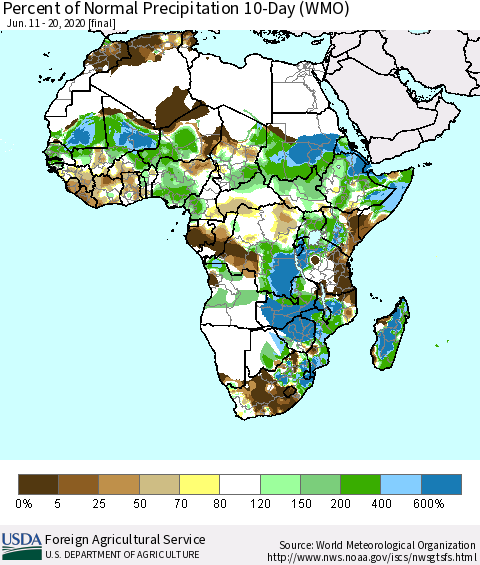 Africa Percent of Normal Precipitation 10-Day (WMO) Thematic Map For 6/11/2020 - 6/20/2020