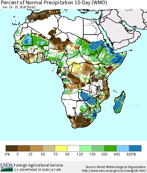 Africa Percent of Normal Precipitation 10-Day (WMO) Thematic Map For 6/16/2020 - 6/25/2020
