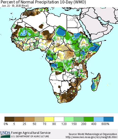 Africa Percent of Normal Precipitation 10-Day (WMO) Thematic Map For 6/21/2020 - 6/30/2020