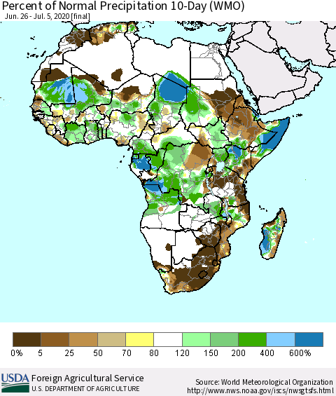 Africa Percent of Normal Precipitation 10-Day (WMO) Thematic Map For 6/26/2020 - 7/5/2020