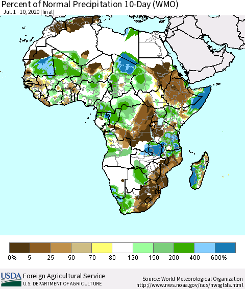 Africa Percent of Normal Precipitation 10-Day (WMO) Thematic Map For 7/1/2020 - 7/10/2020