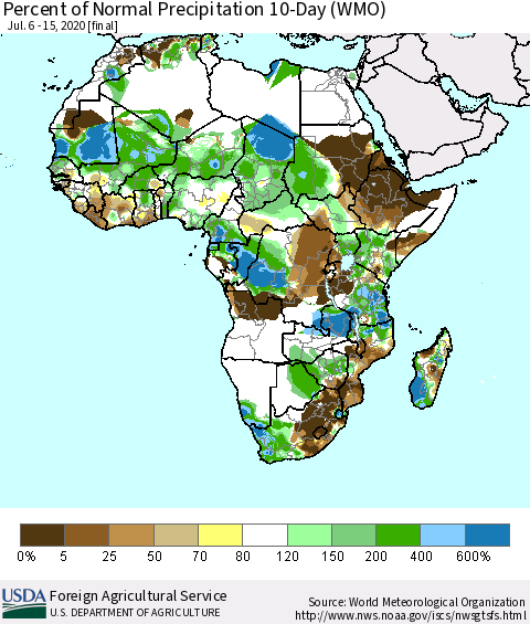 Africa Percent of Normal Precipitation 10-Day (WMO) Thematic Map For 7/6/2020 - 7/15/2020
