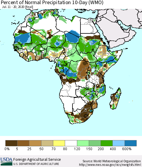 Africa Percent of Normal Precipitation 10-Day (WMO) Thematic Map For 7/11/2020 - 7/20/2020