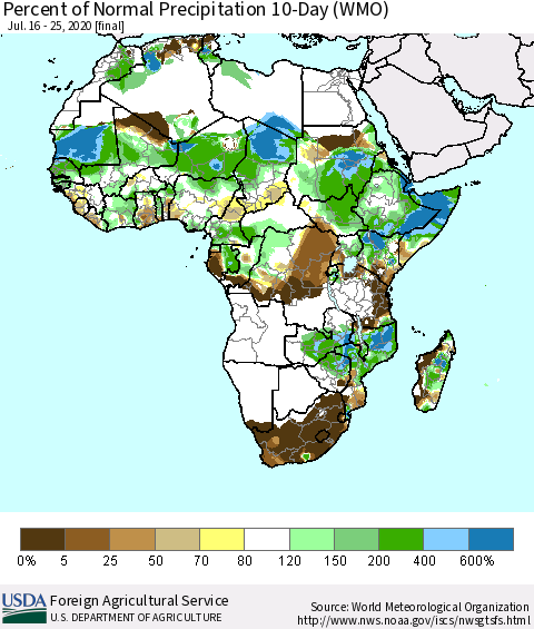 Africa Percent of Normal Precipitation 10-Day (WMO) Thematic Map For 7/16/2020 - 7/25/2020