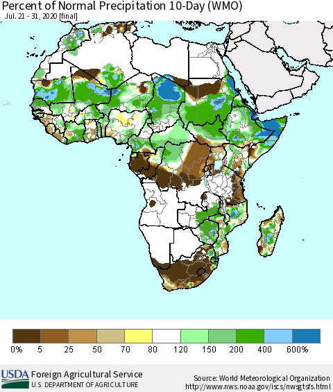 Africa Percent of Normal Precipitation 10-Day (WMO) Thematic Map For 7/21/2020 - 7/31/2020