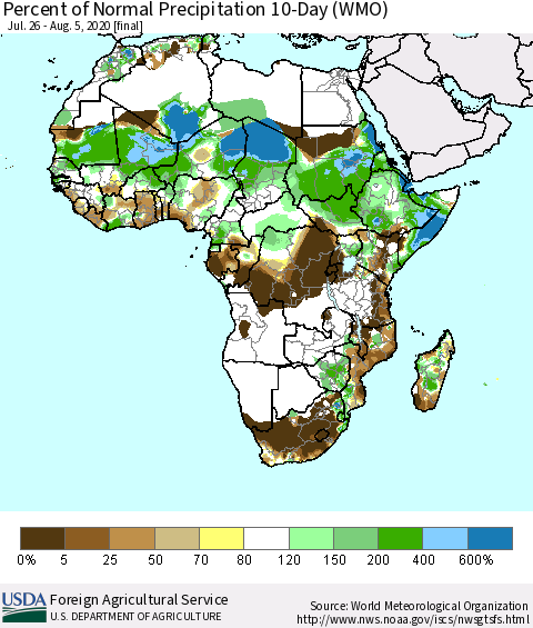 Africa Percent of Normal Precipitation 10-Day (WMO) Thematic Map For 7/26/2020 - 8/5/2020