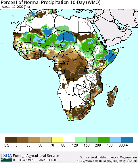 Africa Percent of Normal Precipitation 10-Day (WMO) Thematic Map For 8/1/2020 - 8/10/2020