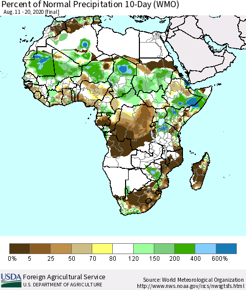 Africa Percent of Normal Precipitation 10-Day (WMO) Thematic Map For 8/11/2020 - 8/20/2020