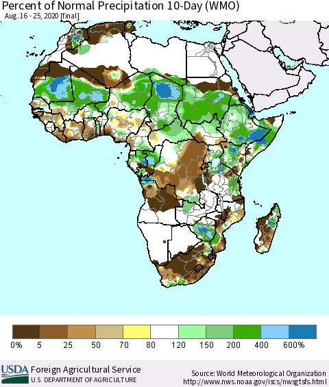 Africa Percent of Normal Precipitation 10-Day (WMO) Thematic Map For 8/16/2020 - 8/25/2020