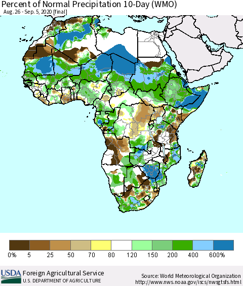 Africa Percent of Normal Precipitation 10-Day (WMO) Thematic Map For 8/26/2020 - 9/5/2020