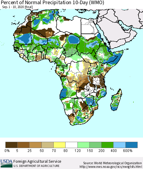 Africa Percent of Normal Precipitation 10-Day (WMO) Thematic Map For 9/1/2020 - 9/10/2020