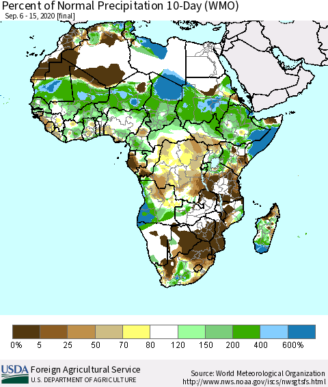 Africa Percent of Normal Precipitation 10-Day (WMO) Thematic Map For 9/6/2020 - 9/15/2020
