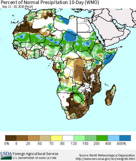 Africa Percent of Normal Precipitation 10-Day (WMO) Thematic Map For 9/11/2020 - 9/20/2020
