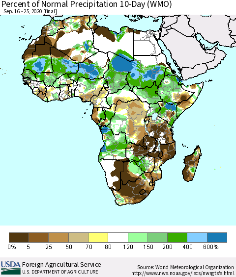 Africa Percent of Normal Precipitation 10-Day (WMO) Thematic Map For 9/16/2020 - 9/25/2020