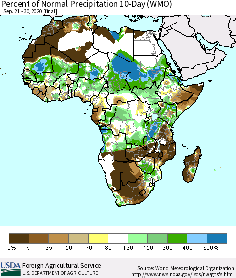 Africa Percent of Normal Precipitation 10-Day (WMO) Thematic Map For 9/21/2020 - 9/30/2020