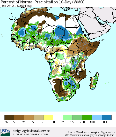 Africa Percent of Normal Precipitation 10-Day (WMO) Thematic Map For 9/26/2020 - 10/5/2020