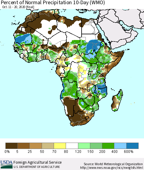 Africa Percent of Normal Precipitation 10-Day (WMO) Thematic Map For 10/11/2020 - 10/20/2020