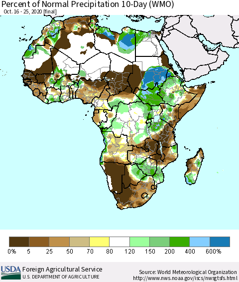 Africa Percent of Normal Precipitation 10-Day (WMO) Thematic Map For 10/16/2020 - 10/25/2020