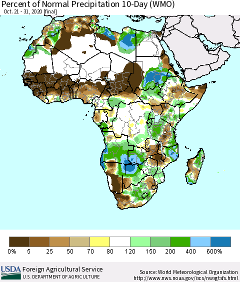 Africa Percent of Normal Precipitation 10-Day (WMO) Thematic Map For 10/21/2020 - 10/31/2020
