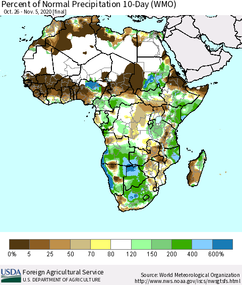 Africa Percent of Normal Precipitation 10-Day (WMO) Thematic Map For 10/26/2020 - 11/5/2020