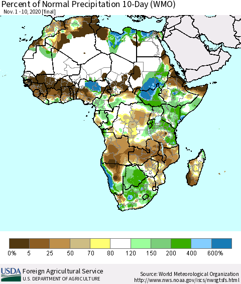 Africa Percent of Normal Precipitation 10-Day (WMO) Thematic Map For 11/1/2020 - 11/10/2020
