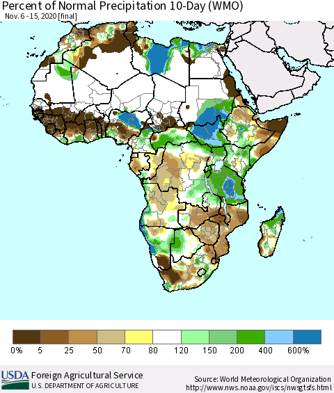 Africa Percent of Normal Precipitation 10-Day (WMO) Thematic Map For 11/6/2020 - 11/15/2020