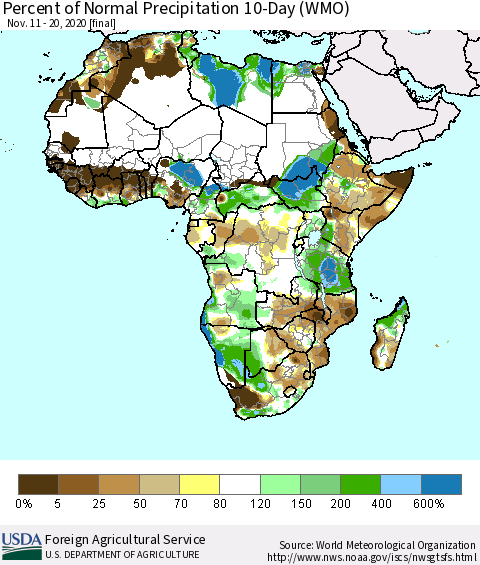 Africa Percent of Normal Precipitation 10-Day (WMO) Thematic Map For 11/11/2020 - 11/20/2020