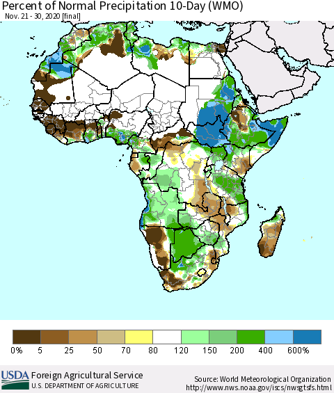 Africa Percent of Normal Precipitation 10-Day (WMO) Thematic Map For 11/21/2020 - 11/30/2020