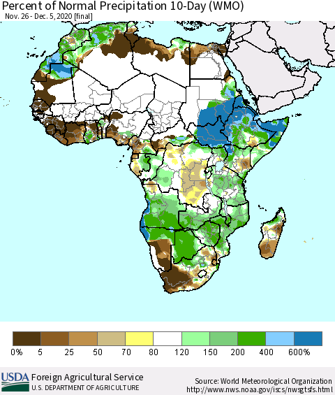 Africa Percent of Normal Precipitation 10-Day (WMO) Thematic Map For 11/26/2020 - 12/5/2020