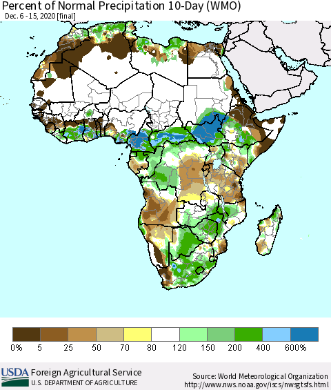 Africa Percent of Normal Precipitation 10-Day (WMO) Thematic Map For 12/6/2020 - 12/15/2020