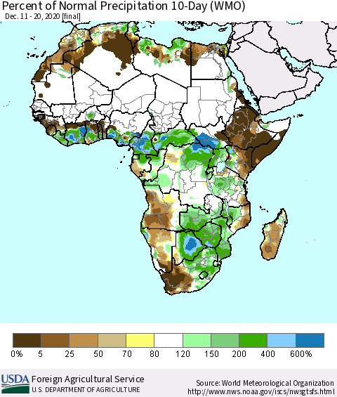 Africa Percent of Normal Precipitation 10-Day (WMO) Thematic Map For 12/11/2020 - 12/20/2020