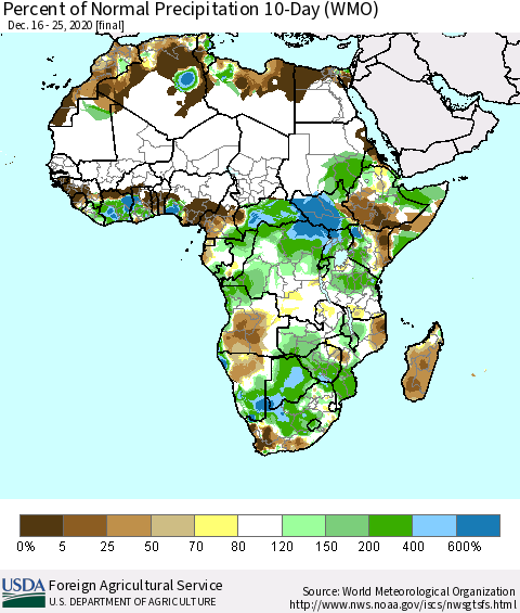 Africa Percent of Normal Precipitation 10-Day (WMO) Thematic Map For 12/16/2020 - 12/25/2020