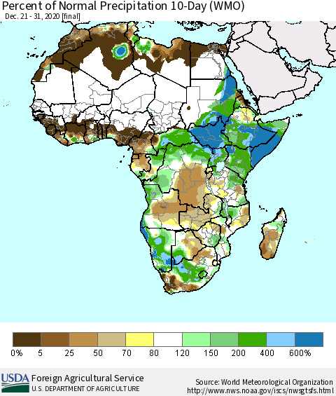 Africa Percent of Normal Precipitation 10-Day (WMO) Thematic Map For 12/21/2020 - 12/31/2020