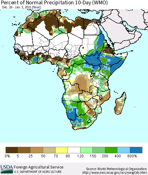 Africa Percent of Normal Precipitation 10-Day (WMO) Thematic Map For 12/26/2020 - 1/5/2021