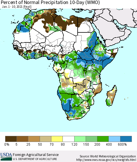 Africa Percent of Normal Precipitation 10-Day (WMO) Thematic Map For 1/1/2021 - 1/10/2021