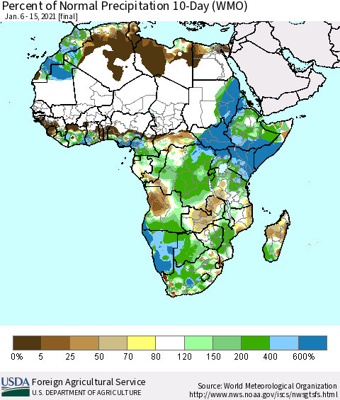 Africa Percent of Normal Precipitation 10-Day (WMO) Thematic Map For 1/6/2021 - 1/15/2021