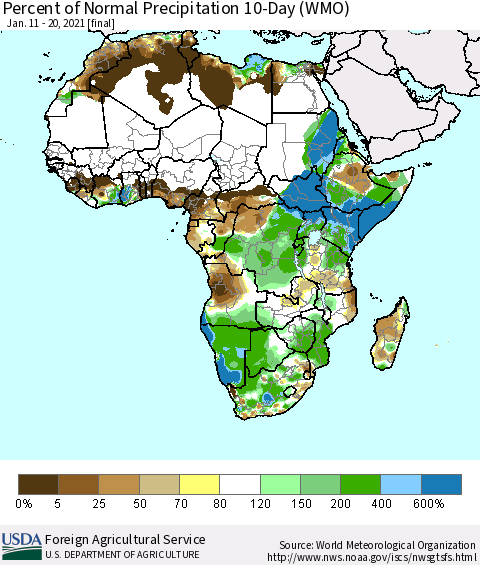 Africa Percent of Normal Precipitation 10-Day (WMO) Thematic Map For 1/11/2021 - 1/20/2021