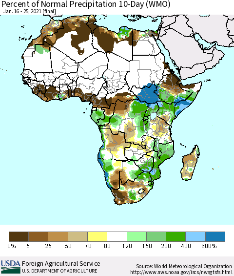 Africa Percent of Normal Precipitation 10-Day (WMO) Thematic Map For 1/16/2021 - 1/25/2021