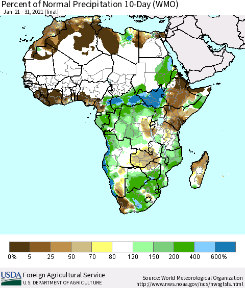 Africa Percent of Normal Precipitation 10-Day (WMO) Thematic Map For 1/21/2021 - 1/31/2021