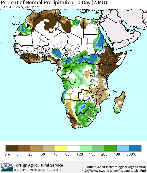 Africa Percent of Normal Precipitation 10-Day (WMO) Thematic Map For 1/26/2021 - 2/5/2021