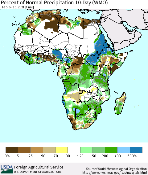 Africa Percent of Normal Precipitation 10-Day (WMO) Thematic Map For 2/6/2021 - 2/15/2021