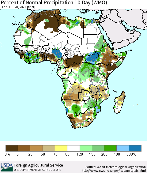 Africa Percent of Normal Precipitation 10-Day (WMO) Thematic Map For 2/11/2021 - 2/20/2021