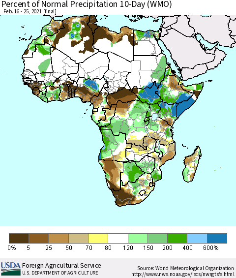 Africa Percent of Normal Precipitation 10-Day (WMO) Thematic Map For 2/16/2021 - 2/25/2021