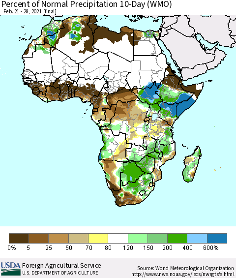 Africa Percent of Normal Precipitation 10-Day (WMO) Thematic Map For 2/21/2021 - 2/28/2021