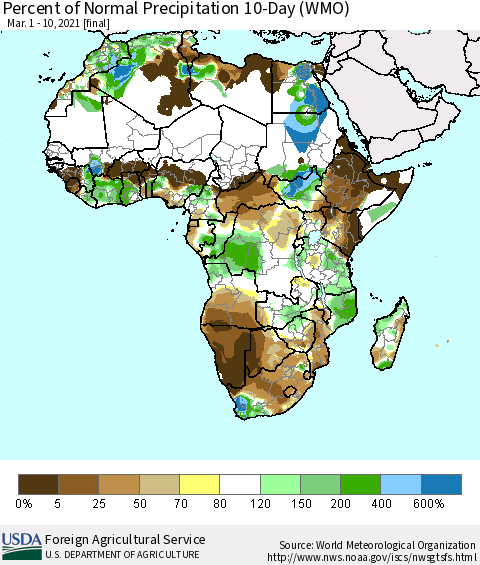 Africa Percent of Normal Precipitation 10-Day (WMO) Thematic Map For 3/1/2021 - 3/10/2021