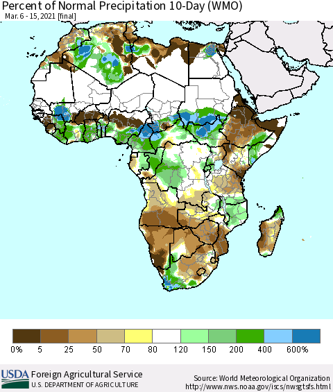 Africa Percent of Normal Precipitation 10-Day (WMO) Thematic Map For 3/6/2021 - 3/15/2021