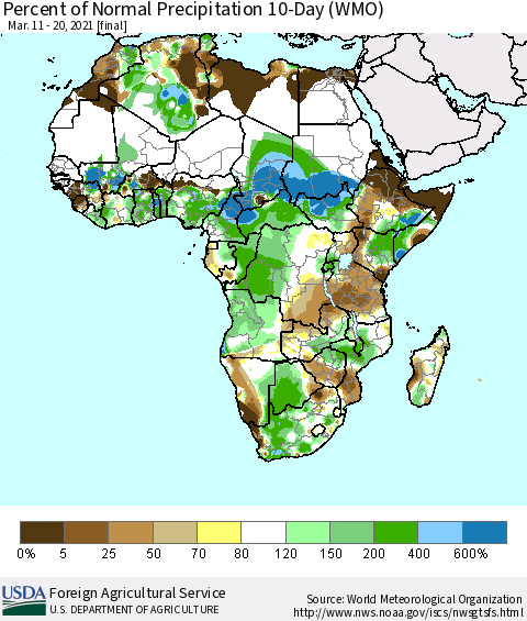 Africa Percent of Normal Precipitation 10-Day (WMO) Thematic Map For 3/11/2021 - 3/20/2021