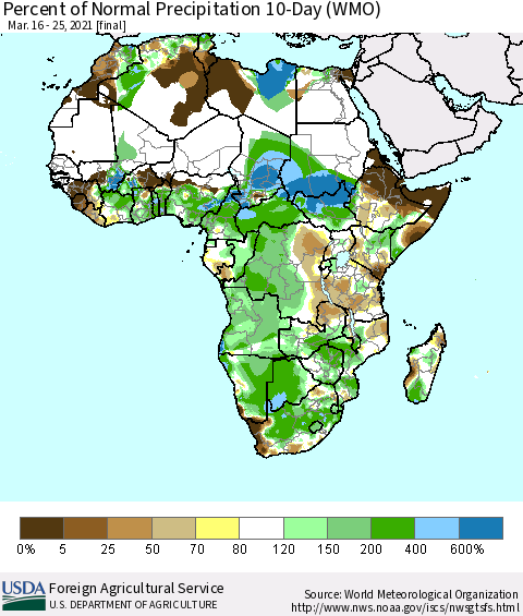 Africa Percent of Normal Precipitation 10-Day (WMO) Thematic Map For 3/16/2021 - 3/25/2021